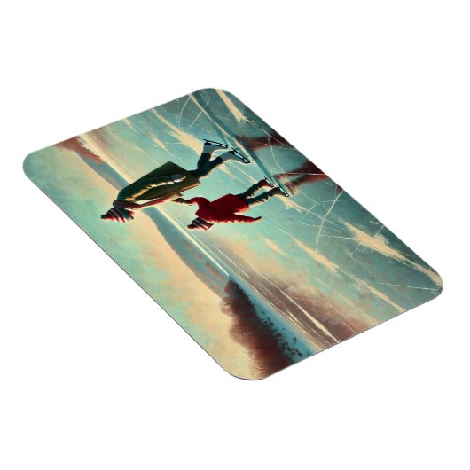 湖の上の母と子の氷のスケートで滑る凍ってい マグネット (右側)