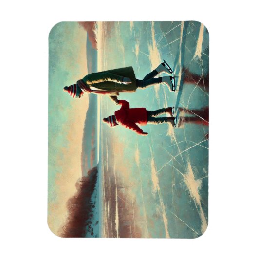 湖の上の母と子の氷のスケートで滑る凍ってい マグネット (縦)