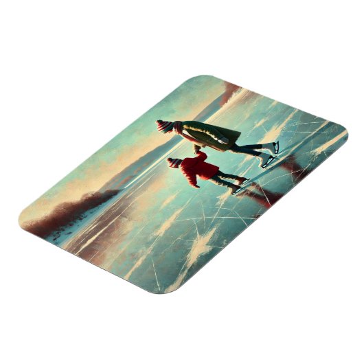 湖の上の母と子の氷のスケートで滑る凍ってい マグネット (左側)