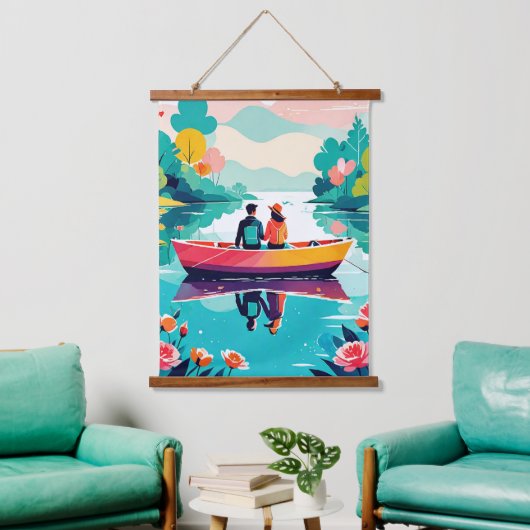 湖の中でボートに乗ったカップル – Wall Tapestry 吊り下げ型タペストリー (リビング)