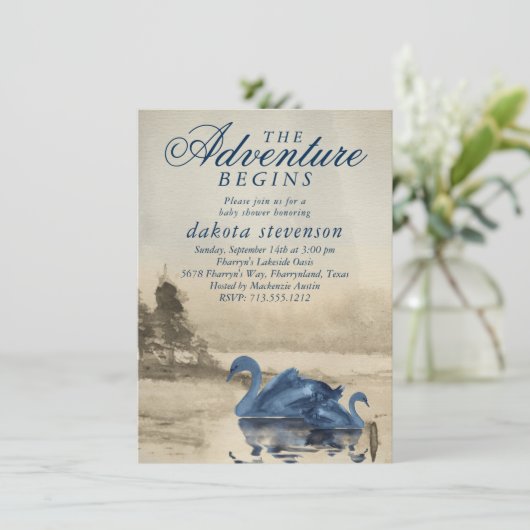 湖の冒険が始まる |ブラウンとネイビーの赤ちゃんシャワー 招待状 (スタンド正面)