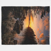 湖の夕日 フリースブランケット (正面(横))