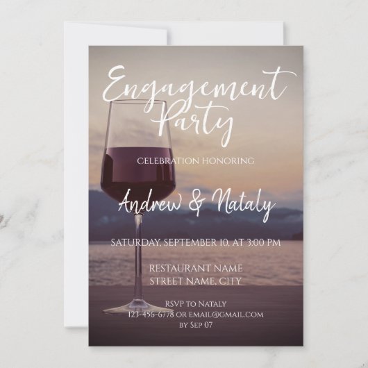 湖の夕焼けにワイングラス 招待状 (正面)