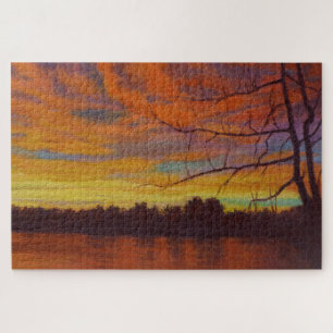 湖の夕焼け印象派の油絵 ジグソーパズル
