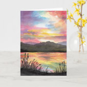 湖の夕焼け カード (黄色い花)