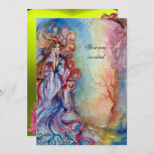 湖の女性、明るい鮮やか青色のピンク色 招待状 (正面/裏面)