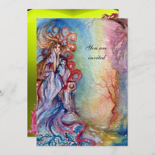 湖の女性、明るい鮮やか青色のピンク色 招待状 (正面/裏面)