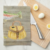 湖の小屋のマスの魚釣りのクリールはヴィンテージを魅惑します キッチンタオル (四つ折り)