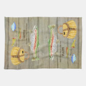 湖の小屋のマスの魚釣りのクリールはヴィンテージを魅惑します キッチンタオル (横)