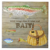 湖の小屋のマスの魚釣りのクリールはヴィンテージを魅惑します タイル (正面)