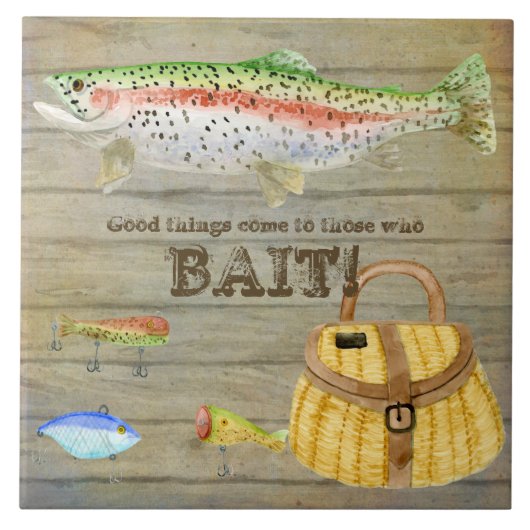 湖の小屋のマスの魚釣りのクリールはヴィンテージを魅惑します タイル (正面)