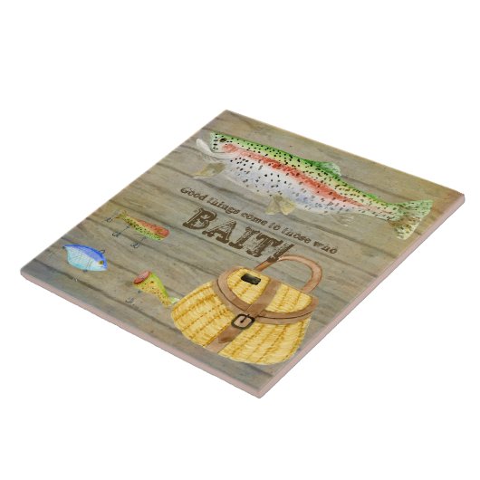 湖の小屋のマスの魚釣りのクリールはヴィンテージを魅惑します タイル (側面)