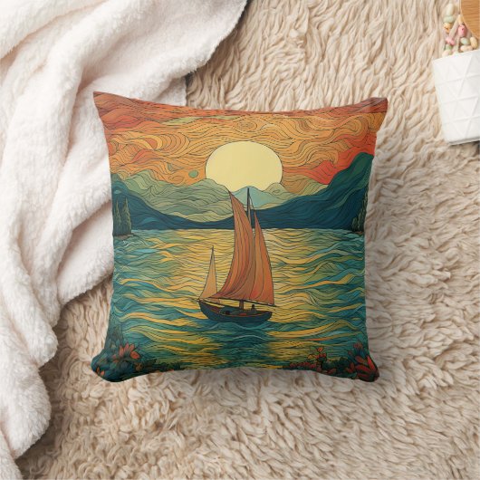 湖の帆船 クッション (ブランケット)
