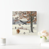 湖の時計による雪の子馬そして馬 スクエア壁時計 (ホーム)