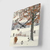 湖の時計による雪の子馬そして馬 スクエア壁時計 (傾斜)