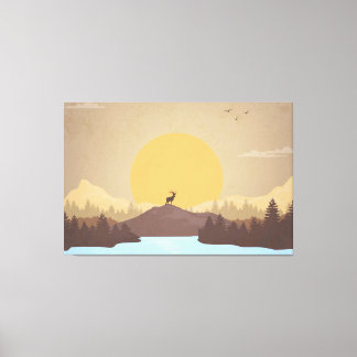 湖の景色を照らす美しい夕日 キャンバスプリント