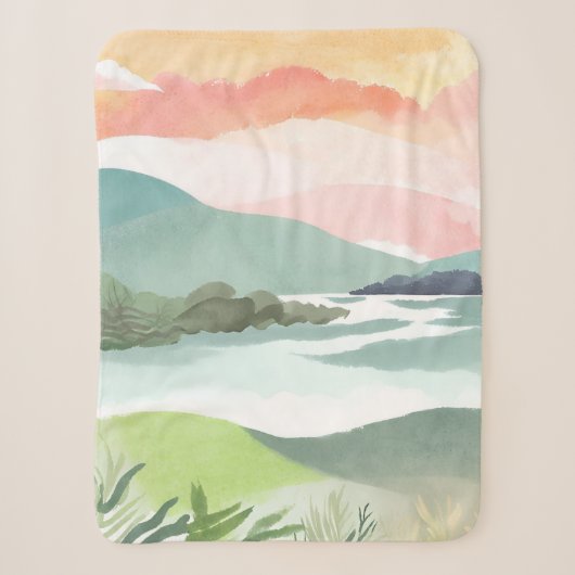 湖の朝日 | 水彩画風ナチュラルアート シェルパブランケット (正面)