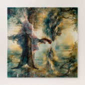 湖の木製ボートにロマンチックな少女 ジグソーパズル (横)