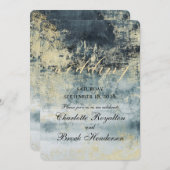 湖の水の緑とモダン金ゴールドの結婚数 招待状 (正面/裏面)