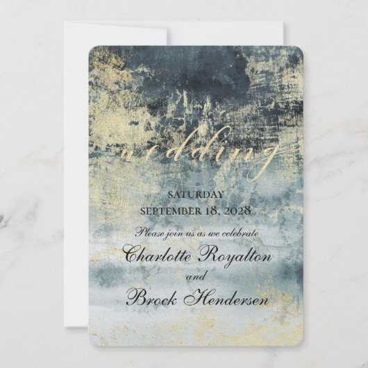 湖の水の緑とモダン金ゴールドの結婚数 招待状 (正面)