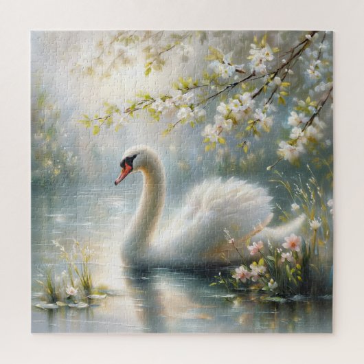 湖の白鳥の花絵画 ジグソーパズル (縦)
