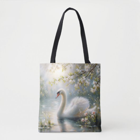 湖の白鳥 春の花の芸術 トートバッグ (正面)
