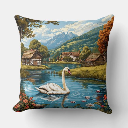 湖の白鳥 高級感のあるインテリアアクセント 🦢🌿 クッション (正面)