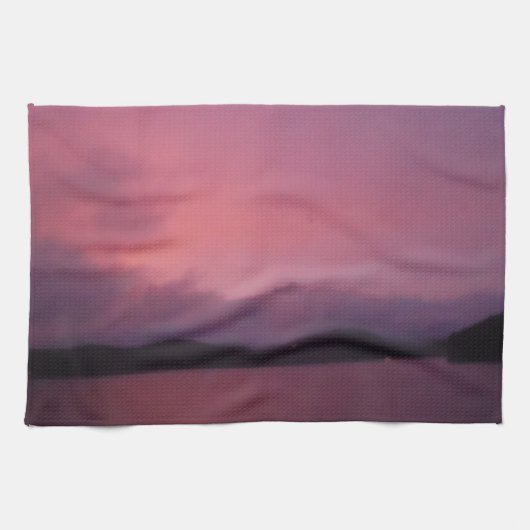 湖の矢印に紫の夕日 キッチンタオル (横)