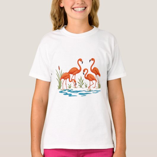 湖の美しいフラミンゴ Tシャツ (正面)