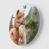 湖の背景に2つのふわふわのアルパカ ラージ壁時計 (傾斜)