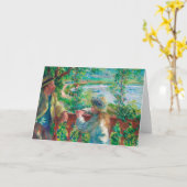 湖の近くにルノアール印象派絵画の カード (黄色い花)