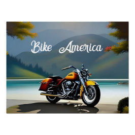 湖の近くに駐車されたオートバイ ポスター