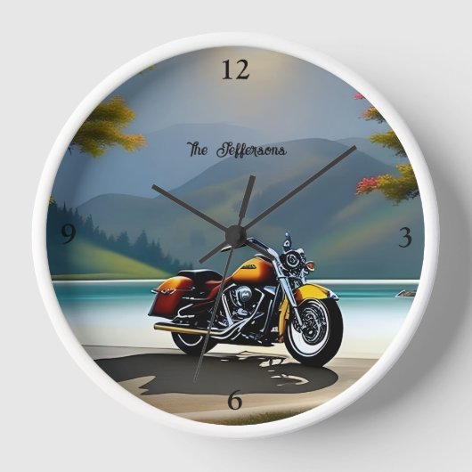 湖の近くに駐車されたオートバイ 壁時計 (正面)