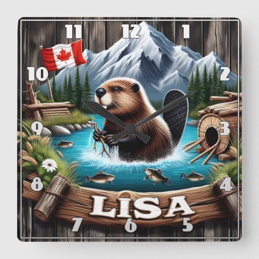 湖の近くの山にカナダビーバーザ スクエア壁時計 (正面)