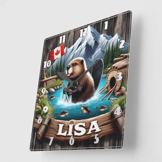 湖の近くの山にカナダビーバーザ スクエア壁時計 (傾斜)