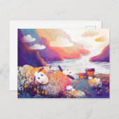 湖の近くの山の中の可愛い羊 ポストカード (正面/裏面)