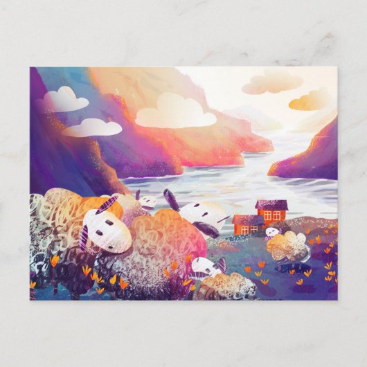 湖の近くの山の中の可愛い羊 ポストカード (正面)