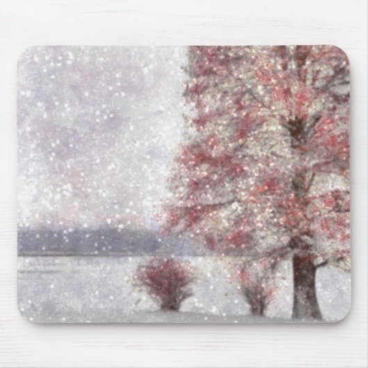 湖の近くの木の赤離れい雪 マウスパッド (正面)
