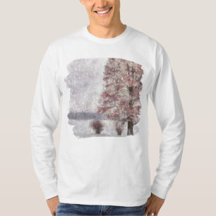 湖の近くの木の赤離れい雪 Tシャツ