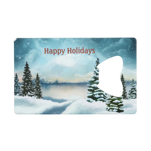 湖の近くの雪の松 クレジットカード栓抜き (正面(横))