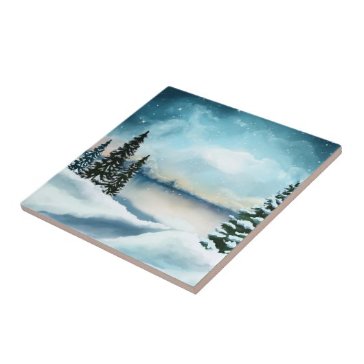 湖の近くの雪の松 タイル (側面)