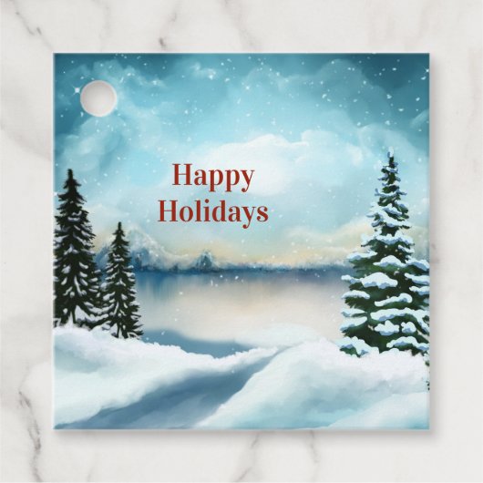 湖の近くの雪の松 フェイバータグ (正面)