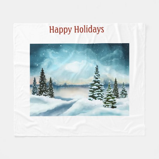 湖の近くの雪の松 フリースブランケット (正面(横))