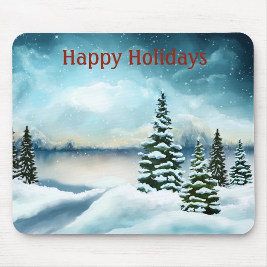 湖の近くの雪の松 マウスパッド (正面)