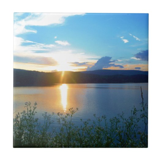 湖の青い夕日 タイル (正面)