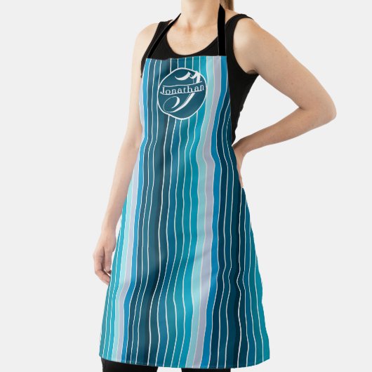 湖の青い縞模様 ネイビー、スカイブルー、アクア モノグラム入り エプロン (インサイチュ)