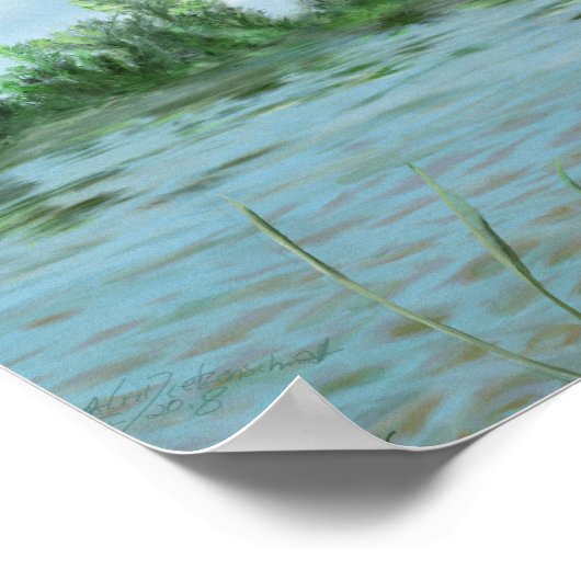 湖の風景とワイルドフラワーウォータカラーアート ポスター (角)