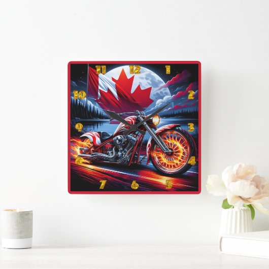 湖の鮮やか近くにカナダ国旗を持つオートバイ スクエア壁時計 (ホーム)