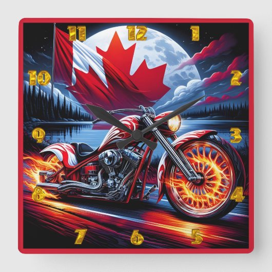 湖の鮮やか近くにカナダ国旗を持つオートバイ スクエア壁時計 (正面)