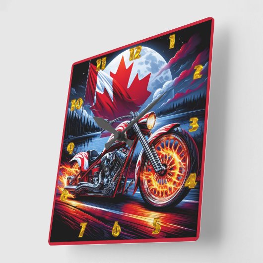 湖の鮮やか近くにカナダ国旗を持つオートバイ スクエア壁時計 (傾斜)